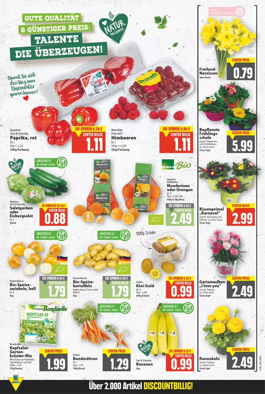 Aktueller Prospekt E Center - Angebote der Woche - von 21.02 bis 26.02.2022 - strona 5 - produkty: banane, bananen, beere, beeren, beutel, bio, bonduelle, Bundmöhren, deka, edeka bio, eier, eis, eisbergsalat, elle, ente, Garten, gartennelke, gurke, gurken, himbeer, himbeere, himbeeren, kartoffel, kartoffeln, kissen, kiwi, Kiwi Gold, kopfsalat, kräuter, mandarine, mandarinen, möhren, Narzissen, orange, orangen, paprika, reis, Ria, salat, Salatgurke, salatgurken, Schal, Schale, schnittlauch, Ti, topf, Yo, ZTE, zwiebel, zwiebeln