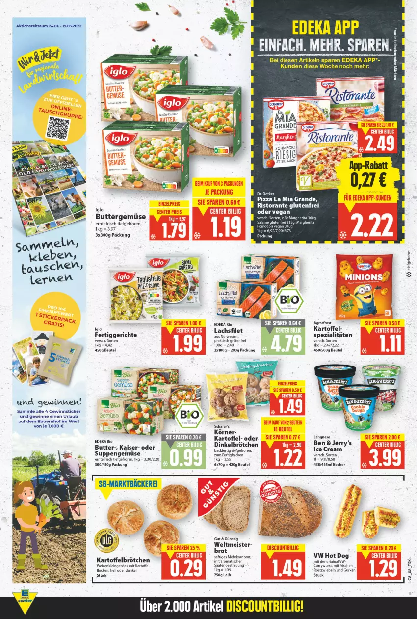 Aktueller Prospekt E Center - Angebote der Woche - von 21.02 bis 26.02.2022 - strona 8 - produkty: agrarfrost, auer, Bau, Bauer, Becher, beutel, bio, brot, brötchen, butter, curry, currywurst, deka, dinkelbrötchen, Dr. Oetker, edeka bio, eis, fertiggericht, fertiggerichte, filet, gin, gurke, gurken, hot dog, iglo, Kaiser, kartoffel, korn, Kornbrot, lachs, lachsfilet, langnese, margherita, Meister, pizza, ristorante, röstzwiebeln, saft, Spezi, suppe, suppen, Ti, tisch, wurst, zwiebel, zwiebeln