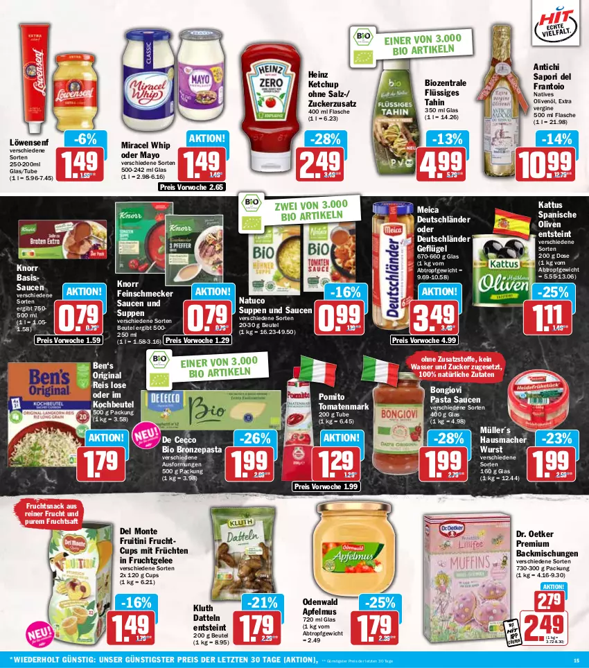 Aktueller Prospekt Hit - Wochenprospekt - von 13.01 bis 18.01.2025 - strona 15 - produkty: apfel, apfelmus, backmischung, Backmischungen, beutel, bio, coupon, Datteln, De Cecco, Dr. Oetker, ecco, eis, feinschmecker, flasche, frucht, früchte, früchten, fruchtsaft, Geflügel, gelee, gin, Hausmacher, heinz, ketchup, knorr, kochbeutel, löwensenf, mac, meica, miracel, miracel whip, monte, Müller, natives olivenöl, odenwald, olive, oliven, olivenöl, pasta, Pasta Sauce, pomito, reis, saft, salz, sauce, saucen, senf, snack, suppe, suppen, Ti, tomate, tomaten, tomatenmark, tuc, wasser, wurst, Yo, ZTE, zucker