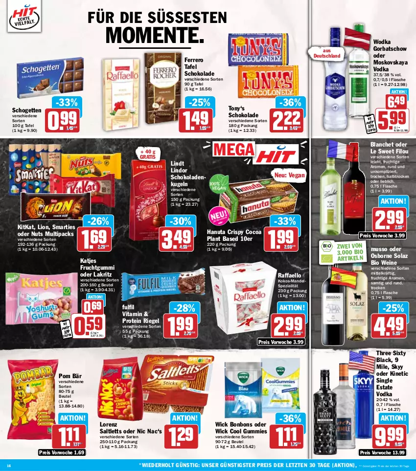 Aktueller Prospekt Hit - Wochenprospekt - von 13.01 bis 18.01.2025 - strona 16 - produkty: beutel, bio, bonbons, coupon, eis, ente, ferrero, flasche, frucht, fruchtgummi, Gorbatschow, hanuta, katjes, kitkat, kokos, Kugel, lack, Lakritz, lindor, lindt, lion, lorenz, mandel, moskovskaya, oder lakritz, olaz, osborne, raffaello, reis, riegel, saltletts, schogetten, schoko, schokolade, schokoladen, skyy, smarties, Spezi, Three Sixty, Ti, vita, vodka, wein, weine, WICK, wodka, ZTE