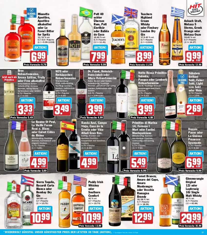 Aktueller Prospekt Hit - Wochenprospekt - von 13.01 bis 18.01.2025 - strona 17 - produkty: alkohol, amaro, Amaro del Capo, Amber, asbach uralt, aust, bacardi, Bad, batida, Bau, bree, brillant sekt, campo viejo, Cap, chia, doppio passo, dry gin, ecco, eier, eierlikör, eis, ente, Fernet, fernet branca, finsbury, flasche, frucht, früchte, früchten, gin, irish whiskey, jako, La Gioiosa, laphroaig, likör, london dry, london dry gin, Metaxa, mionetto, monte, Montepulciano, orange, ouzo, passo, primitivo, prosecco, puma, rebsortenweine, reis, rotkäppchen, rum, saft, sekt, Sierra, sierra tequila, single malt, söhnlein, söhnlein brillant, Southern Comfort, spumante, tequila, Ti, Vecchia Romagna, wein, weine, whiskey, whisky, ZTE