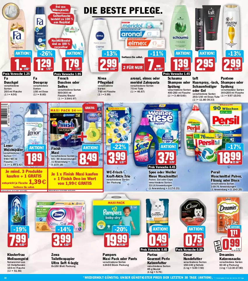 Aktueller Prospekt Hit - Wochenprospekt - von 13.01 bis 18.01.2025 - strona 18 - produkty: asti, Bad, beutel, Cap, coupon, deo, deospray, dreamies, dusche, duschgel, eis, elmex, fa duschgel, Finish, flasche, Frosch, haarspray, katzenfutter, katzensnack, katzensnacks, kraft, lack, lenor, lenor weichspüler, meridol, natur, natura, nivea, pampers, pantene, Pants, papier, pasta, persil, persil waschmittel, pflanze, pflanzen, purina, reis, Schal, Schale, schauma, schaumfestiger, Seife, shampoo, shampoo oder spülung, snack, snacks, spee, spülung, Taft, Ti, Tiere, toilettenpapier, waschmittel, weichspüler, zahnpasta, zewa, ZTE