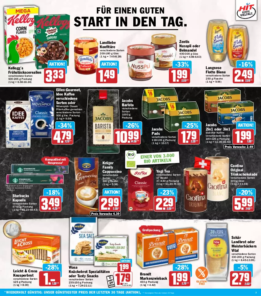 Aktueller Prospekt Hit - Wochenprospekt - von 13.01 bis 18.01.2025 - strona 7 - produkty: Belmandel, beutel, bio, brandt, brot, Cap, cappuccino, cerealien, cin, coupon, eilles gourmet, eis, espresso, filterkaffee, flasche, gin, jacobs, kaffee, knäckebrot, konfitüre, krüger, landliebe, langnese, löslicher kaffee, mandel, Markenzwieback, Meister, mövenpick, nespresso, nestlé, nuss, nusspli, reis, schoko, schokolade, snack, snacks, Spezi, starbucks, Ti, vita, wasa, Yo, zentis, ZTE