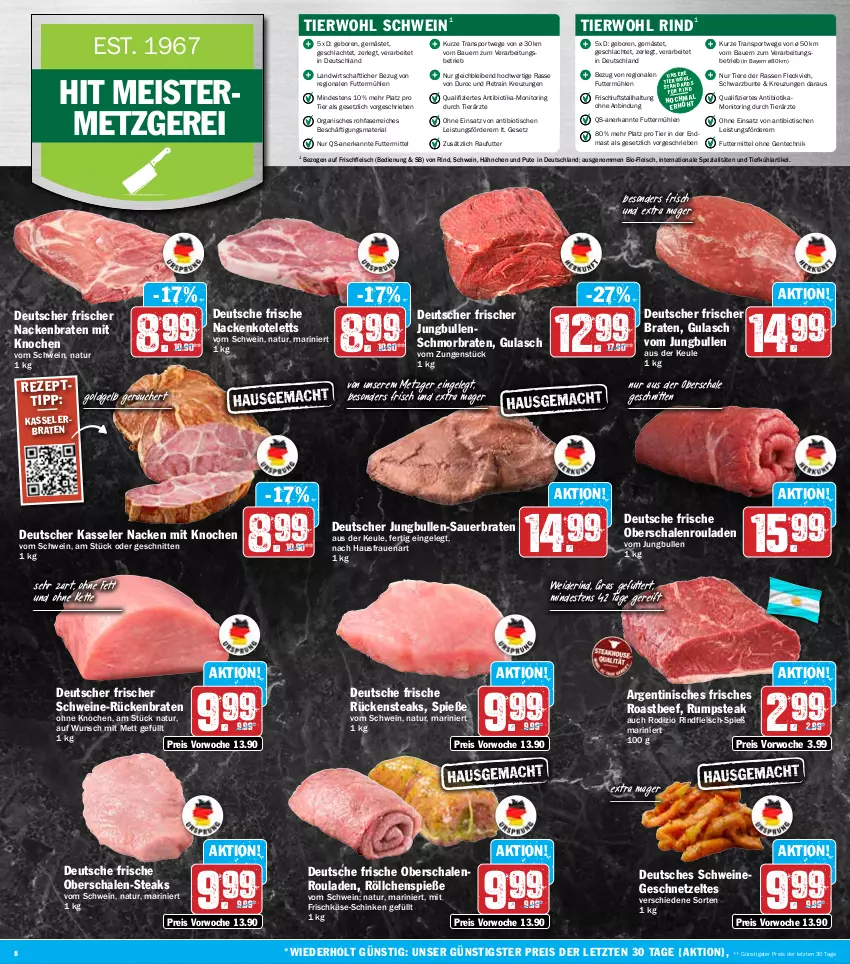 Aktueller Prospekt Hit - Wochenprospekt - von 13.01 bis 18.01.2025 - strona 8 - produkty: auer, Bau, Bauer, beef, bio, braten, eis, ente, fleisch, frischkäse, Geflügel, geschnetzeltes, gulasch, jungbullen, Käse, kasseler, Kasselerbraten, Kette, kotelett, Meister, Mett, monitor, nackenkoteletts, natur, Oberschalenrouladen, pute, reis, Ria, rind, rindfleisch, ring, roastbeef, rouladen, Rückenbraten, Rückensteak, rückensteaks, rum, rumpsteak, Schal, Schale, schinken, schmorbraten, schnitten, schwein, schweine, Spezi, Sport, steak, steaks, Ti, Tiere, tisch, wein, weine, Zelt, ZTE