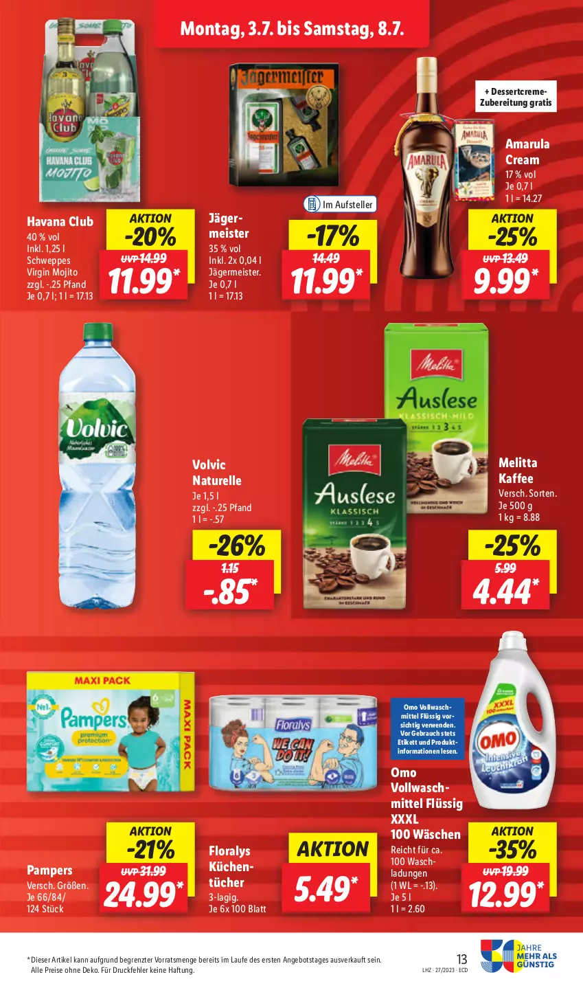 Aktueller Prospekt Lidl - Aktionsprospekt - von 03.07 bis 08.07.2023 - strona 13 - produkty: amarula, angebot, creme, dessert, eis, elle, Floralys, Germ, gin, Havana Club, jägermeister, kaffee, küche, Küchen, küchentücher, Meister, melitta, mojito, natur, pampers, Rauch, reis, rel, rwe, schweppes, teller, Ti, tücher, vollwaschmittel, volvic, waschmittel, ZTE