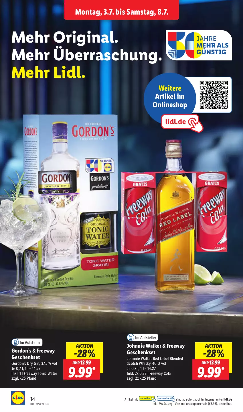 Aktueller Prospekt Lidl - Aktionsprospekt - von 03.07 bis 08.07.2023 - strona 16 - produkty: blended scotch, blended scotch whisky, cola, dry gin, elle, geschenkset, gin, gordon, Gordon’s, johnnie walker, ndk, Schal, Schale, scotch, scotch whisky, teller, Ti, tonic, tonic water, whisky