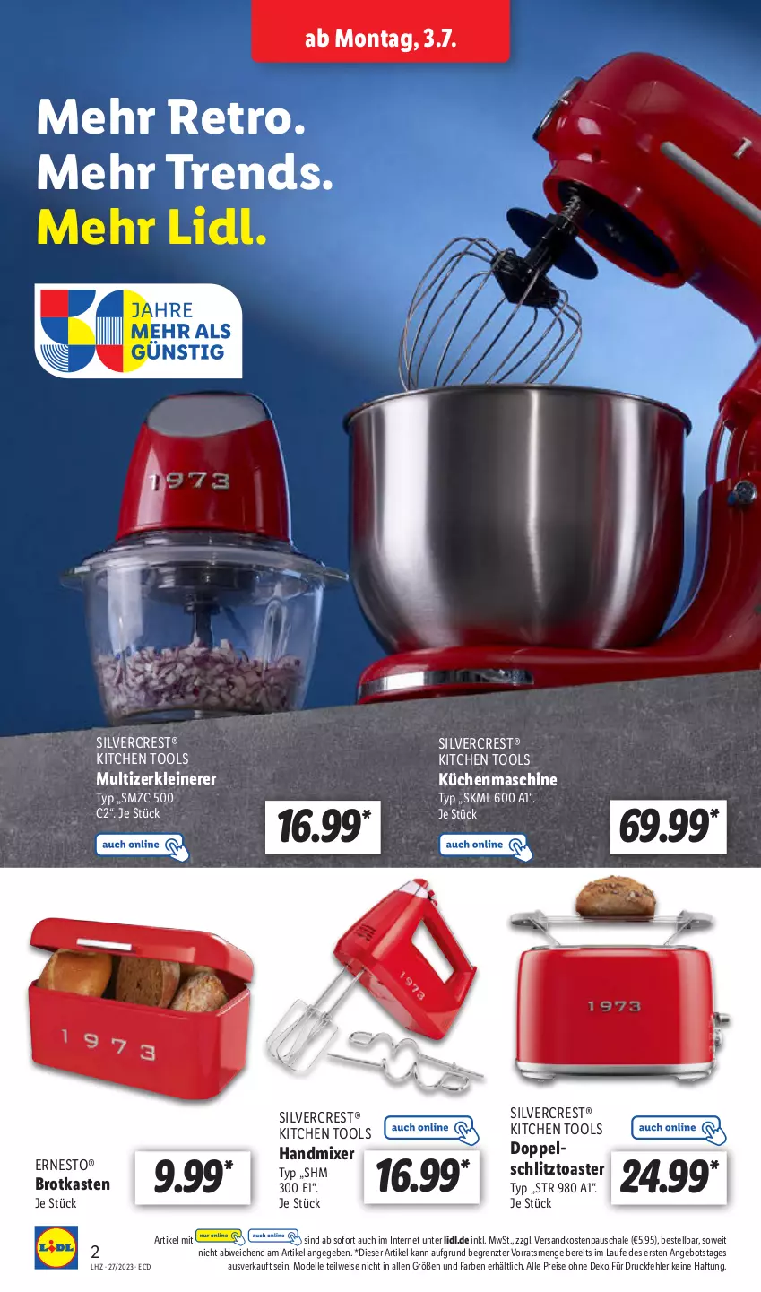 Aktueller Prospekt Lidl - Aktionsprospekt - von 03.07 bis 08.07.2023 - strona 2 - produkty: angebot, brot, Brotkasten, dell, eis, elle, ernesto, handmixer, küche, Küchen, küchenmaschine, leine, Mixer, Mode, ndk, reis, Schal, Schale, silvercrest, Ti, toast, toaster, Zerkleinerer, ZTE