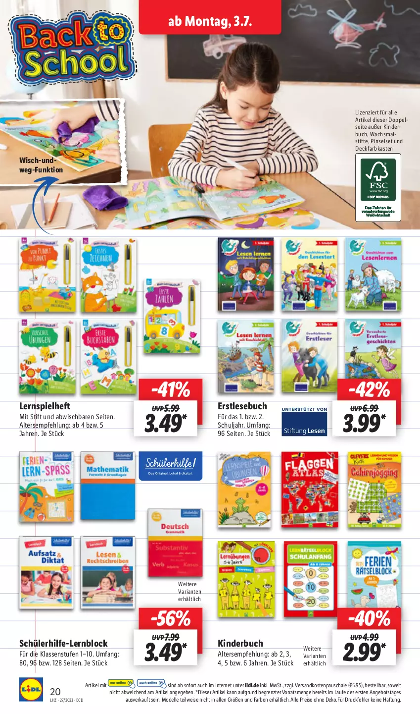 Aktueller Prospekt Lidl - Aktionsprospekt - von 03.07 bis 08.07.2023 - strona 22 - produkty: angebot, buch, deckfarbkasten, dell, eis, elle, Kinder, Kinderbuch, Lernspiel, Mode, ndk, Pinsel, Pinselset, reis, Ria, Schal, Schale, stifte, Ti, ZTE