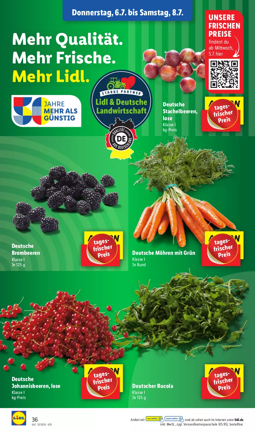 Aktueller Prospekt Lidl - Aktionsprospekt - von 03.07 bis 08.07.2023 - strona 38 - produkty: beere, beeren, brombeere, brombeeren, cola, eis, johannisbeere, Johannisbeeren, möhren, ndk, reis, rucola, Schal, Schale, Stachelbeeren, Ti