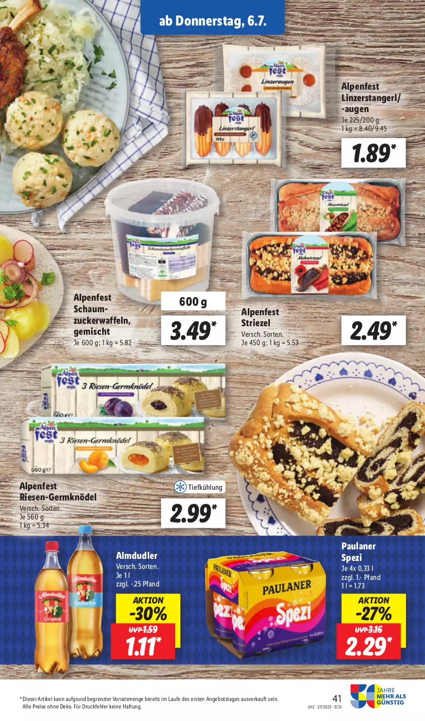 Aktueller Prospekt Lidl - Aktionsprospekt - von 03.07 bis 08.07.2023 - strona 43 - produkty: almdudler, angebot, eis, Germ, Knödel, Paula, paulaner, reis, Schaumzucker, Spezi, Ti, waffeln, ZTE, zucker