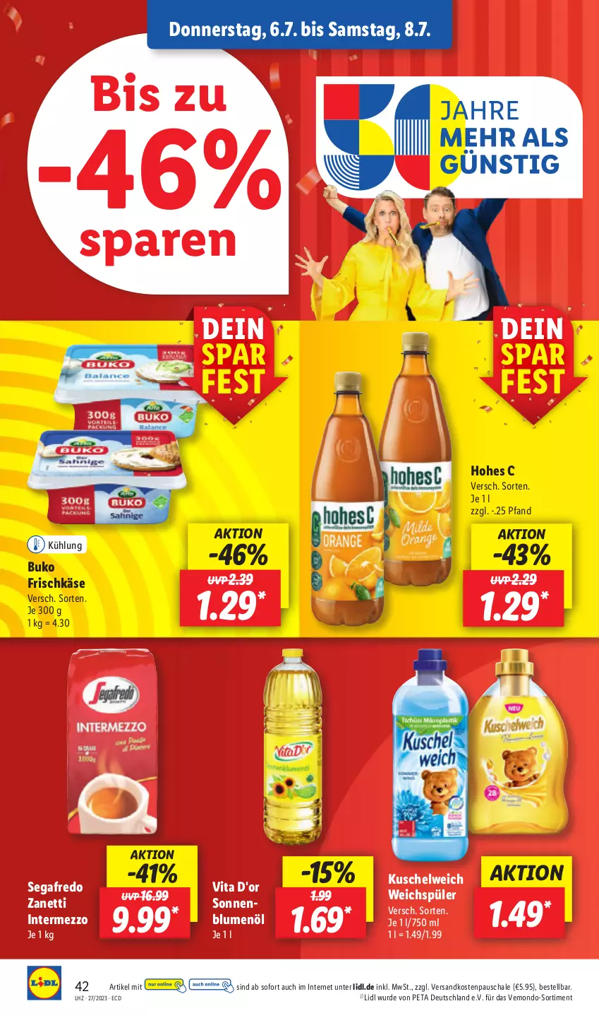 Aktueller Prospekt Lidl - Aktionsprospekt - von 03.07 bis 08.07.2023 - strona 48 - produkty: blume, blumen, blumenöl, Buko, frischkäse, Hohes C, intermezzo, Käse, Kuschelweich, ndk, Schal, Schale, Segafredo, sonnenblume, sonnenblumen, sonnenblumenöl, Ti, vita, weichspüler