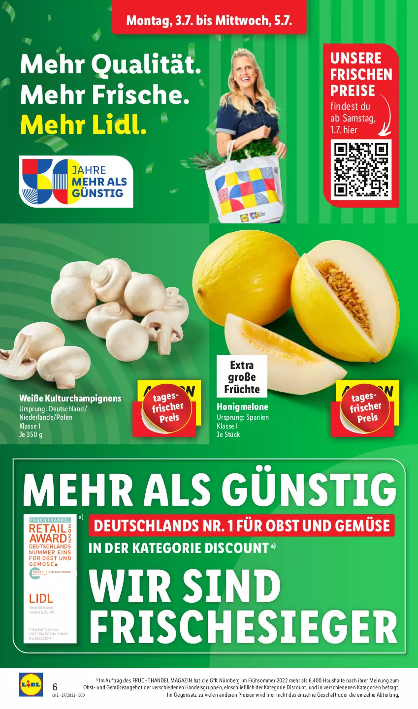 Aktueller Prospekt Lidl - Aktionsprospekt - von 03.07 bis 08.07.2023 - strona 6 - produkty: Abtei, angebot, champignon, champignons, discount, eis, ente, frucht, früchte, honig, honigmelone, magazin, melone, obst, Obst und Gemüse, reis, Ti, und gemüse