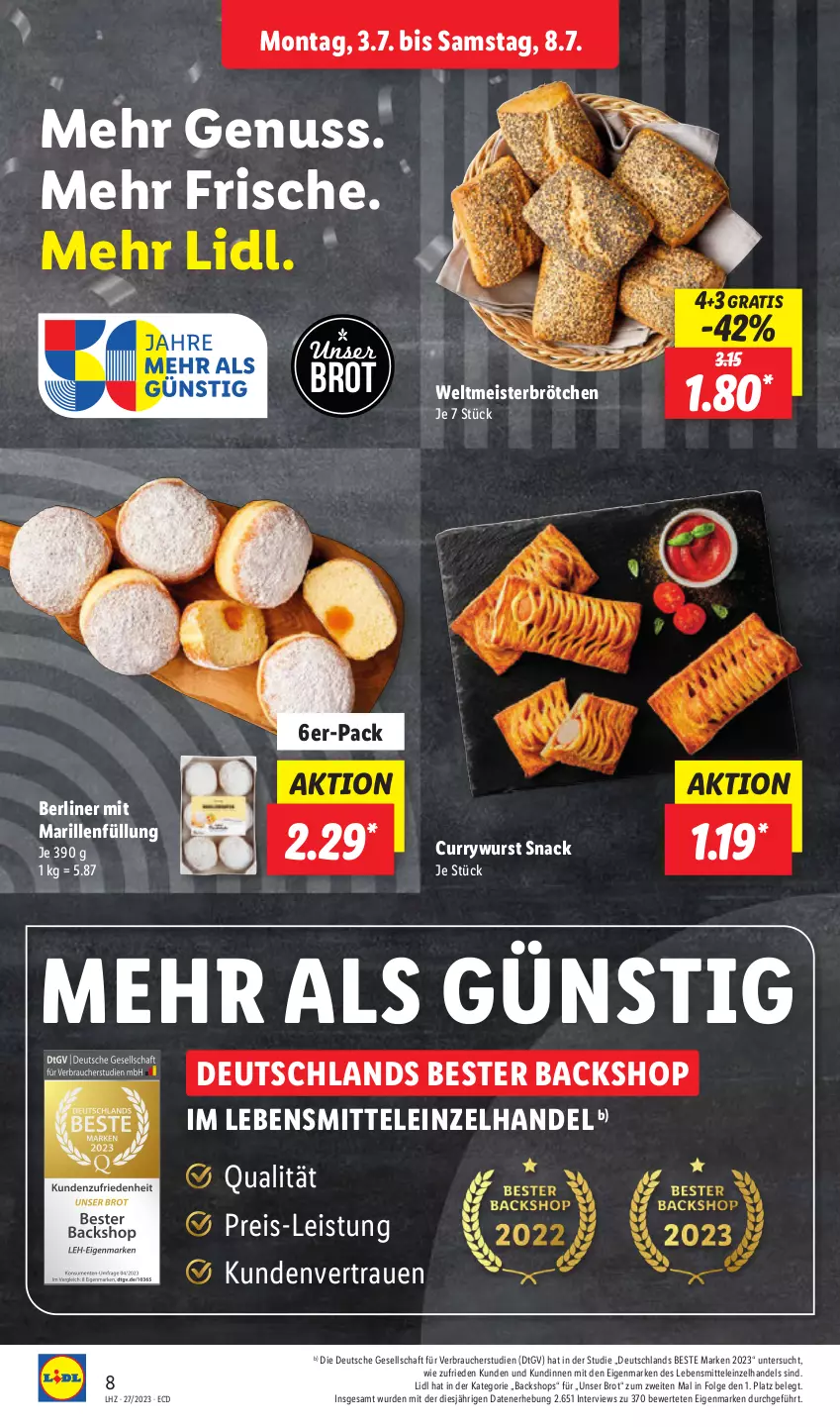 Aktueller Prospekt Lidl - Aktionsprospekt - von 03.07 bis 08.07.2023 - strona 8 - produkty: berliner, brot, brötchen, curry, currywurst, eis, lebensmittel, LG, Meister, nuss, Rauch, reis, snack, Ti, wurst