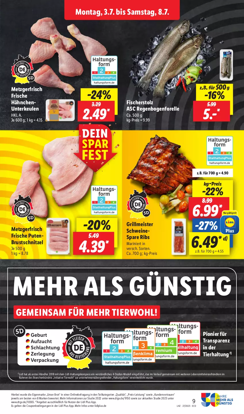 Aktueller Prospekt Lidl - Aktionsprospekt - von 03.07 bis 08.07.2023 - strona 9 - produkty: angebot, brot, coupon, dell, eis, elle, fisch, fische, Fischer, forelle, Frische Hähnchen, grill, lebensmittel, Meister, Mode, pute, putenbrust, reifen, reis, rel, schnitzel, schwein, schweine, spare ribs, Ti, wein, weine