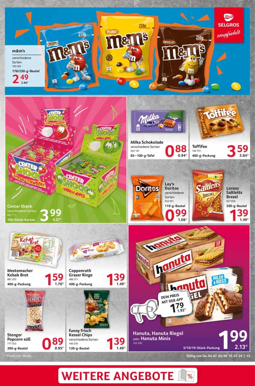 Aktueller Prospekt Selgros - Food - von 04.07 bis 10.07.2024 - strona 13 - produkty: beutel, brezel, brot, chips, coppenrath, Doritos, Funny Frisch, hanuta, mac, mestemacher, milka, milka schokolade, popcorn, Razer, riegel, ring, saltletts, schoko, schokolade, toffifee