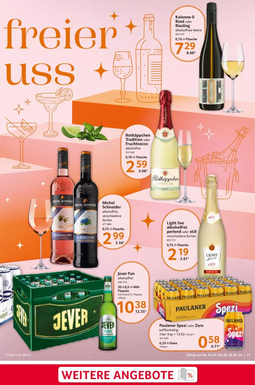 Aktueller Prospekt Selgros - Food - von 04.07 bis 10.07.2024 - strona 17 - produkty: alkohol, ecco, eis, flasche, frucht, fruchtsecco, jever, Paula, paulaner, perlen, riesling, rotkäppchen, Spezi, Ti, wein, weine