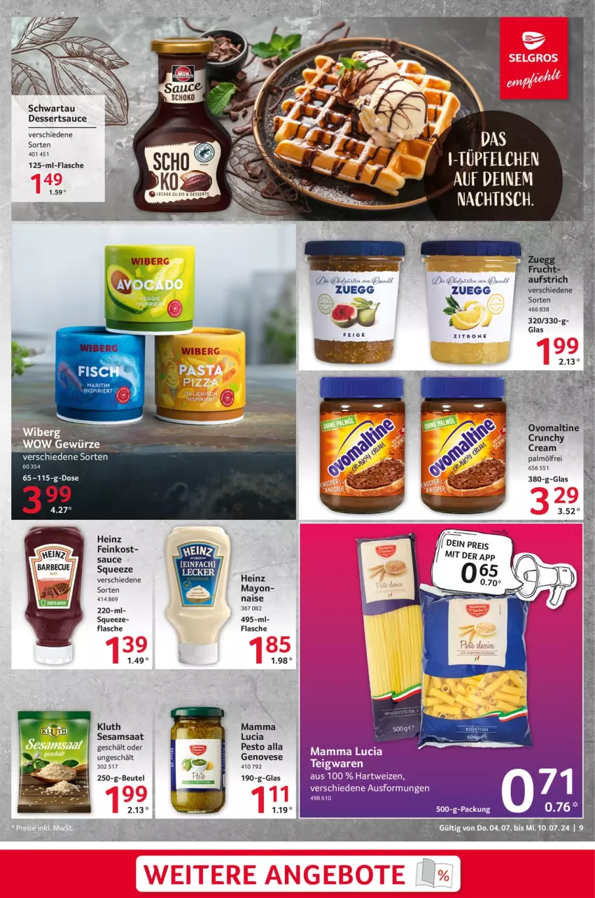 Aktueller Prospekt Selgros - Food - von 04.07 bis 10.07.2024 - strona 9 - produkty: barbecue, beutel, dessert, desserts, dessertsauce, feinkost, flasche, gewürz, heinz, LG, mam, ovomaltine, pesto, sauce, Schwartau, sesam, Ti, tisch, Vase, Yo, zitrone, zuegg