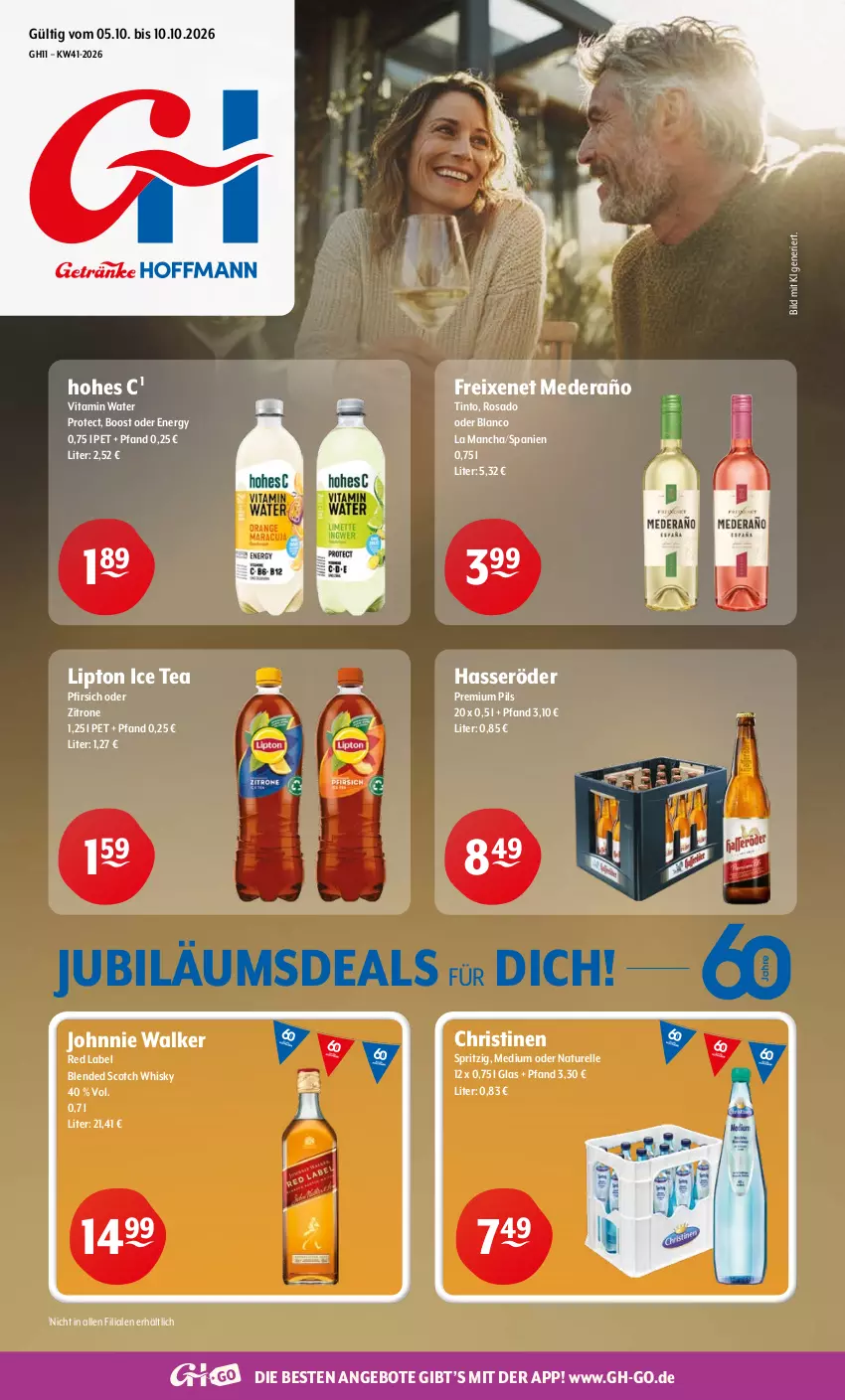 Aktueller Prospekt Getraenke Hoffmann - Prospekte - von 05.10 bis 10.10.2026 - strona 1 - produkty: angebot, angebote, blended scotch, blended scotch whisky, elle, freixenet, hasseröder, Hohes C, ice tea, johnnie walker, Jubiläums, lipton, lipton ice tea, natur, pfirsich, pils, premium pils, rel, scotch, scotch whisky, Ti, vita, whisky, zitrone