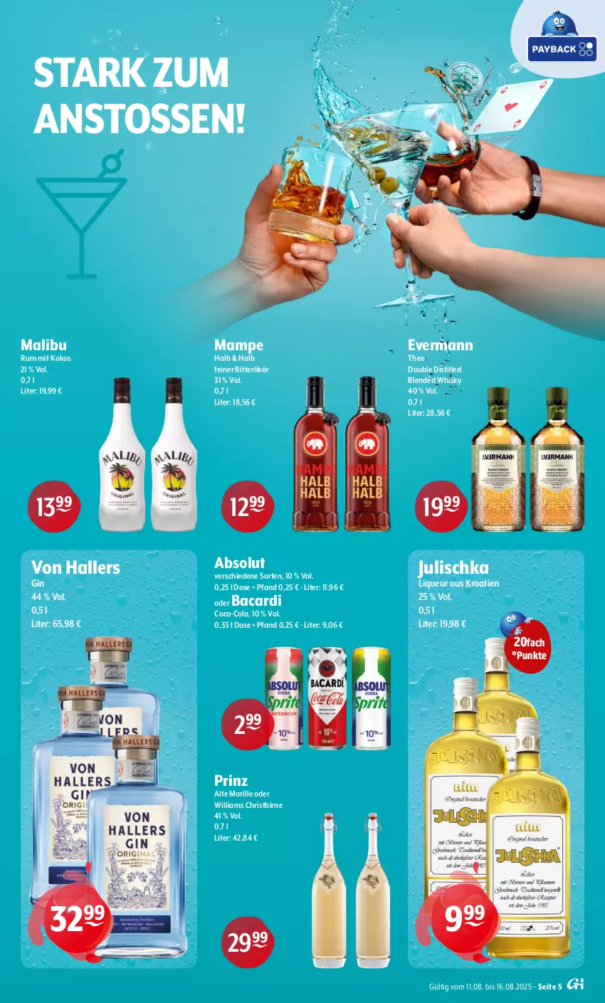 Aktueller Prospekt Getraenke Hoffmann - Prospekte - von 11.08 bis 16.08.2025 - strona 5 - produkty: bacardi, coca-cola, cola, gin, Julischka, kokos, likör, liqueur, Malibu, mam, rum, Ti, whisky