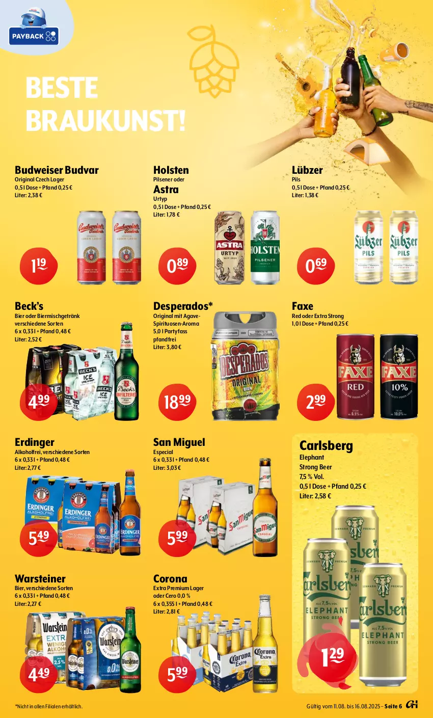Aktueller Prospekt Getraenke Hoffmann - Prospekte - von 11.08 bis 16.08.2025 - strona 6 - produkty: alkohol, Astra, axe, bier, budweiser, carlsberg, corona, corona extra, desperados, eis, erdinger, getränk, gin, holsten, holsten pilsener, Lübzer, pils, pilsener, spirituosen, steiner, Ti, urtyp, warsteiner