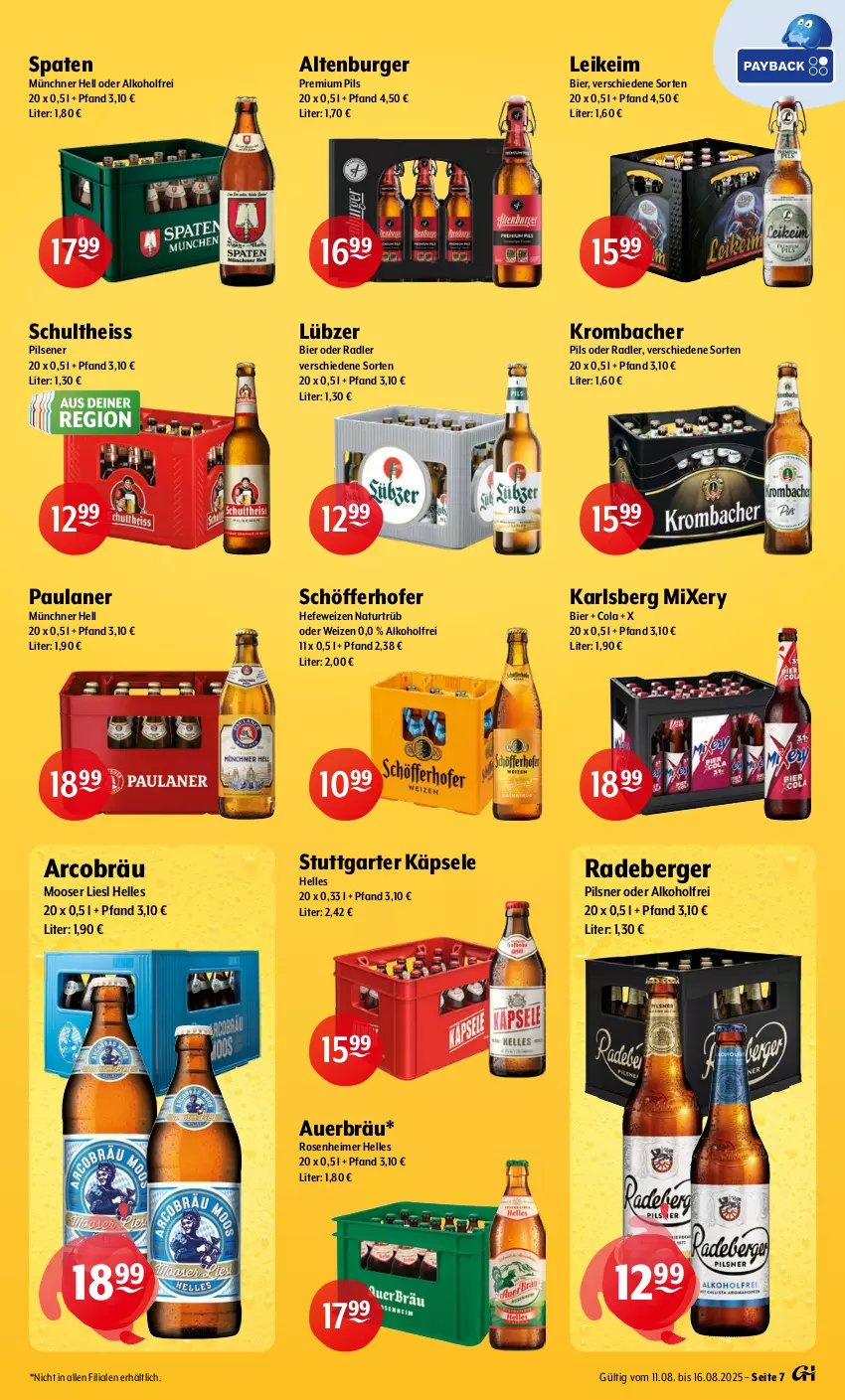 Aktueller Prospekt Getraenke Hoffmann - Prospekte - von 11.08 bis 16.08.2025 - strona 7 - produkty: alkohol, altenburger, auer, Berger, bier, burger, cola, eimer, eis, elle, Hefe, hefeweizen, karlsberg, karlsberg mixery, krombache, krombacher, krombacher pils, Lübzer, Mixer, mixery, natur, oder radler, Paula, paulaner, pils, pilsener, pilsner, premium pils, radeberger, radeberger pilsner, radler, rosen, schöfferhofer, Schultheiss, Spaten, Ti