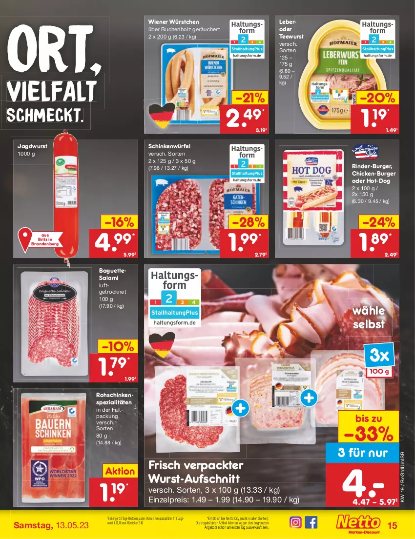 Aktueller Prospekt Netto Marken-Discount - Filial-Angebote - von 08.05 bis 13.05.2023 - strona 15 - produkty: angebot, aufschnitt, baguette, baguettes, bestpreis, buch, burger, eis, Holz, jagdwurst, reis, rind, rinder, rohschinken, salami, schinken, Spezi, tee, teewurst, tesa, Ti, wiener, wiener würstchen, würfel, wurst, würstchen, ZTE