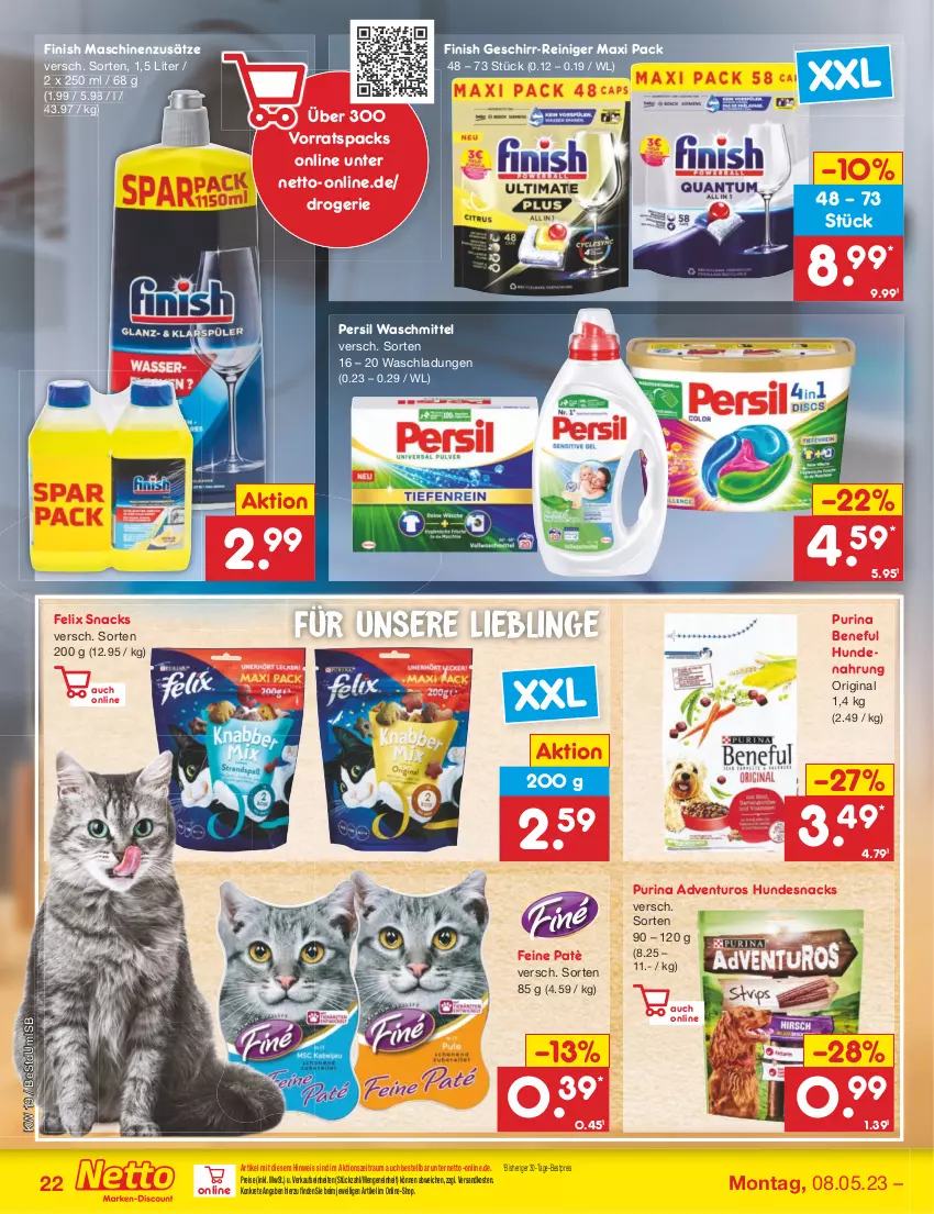 Aktueller Prospekt Netto Marken-Discount - Filial-Angebote - von 08.05 bis 13.05.2023 - strona 22 - produkty: adventuros, bestpreis, eis, felix, Finish, geschirr, gin, hundenahrung, hundesnack, hundesnacks, ndk, persil, persil waschmittel, purina, reiniger, reis, snack, snacks, Ti, waschmittel