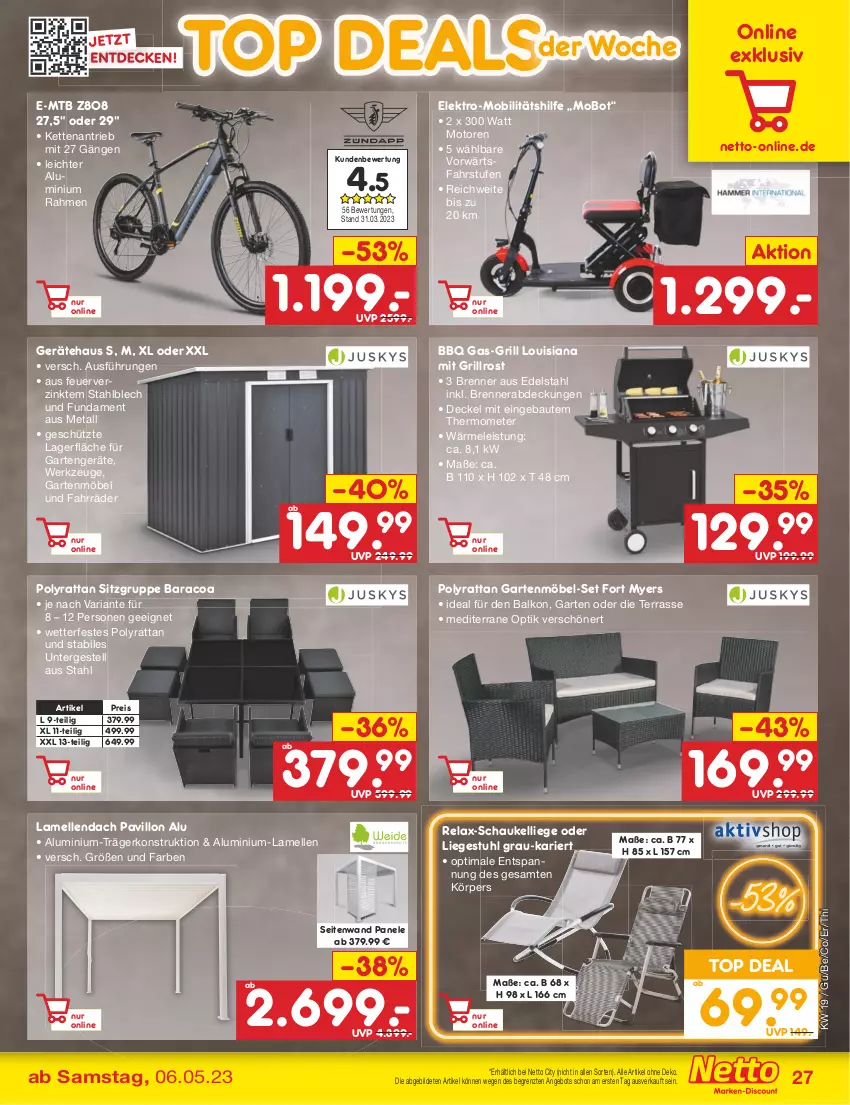 Aktueller Prospekt Netto Marken-Discount - Filial-Angebote - von 08.05 bis 13.05.2023 - strona 27 - produkty: angebot, angebote, Bau, decke, Deckel, edelstahl, eis, Elektro, elle, Garten, gartenmöbel, grill, grillrost, Kette, Liege, möbel, pavillon, reis, rel, Ria, Schaukel, Schaukelliege, stuhl, thermometer, Ti, werkzeug, werkzeuge, ZTE