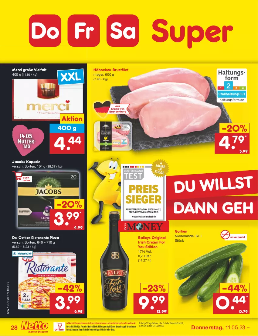 Aktueller Prospekt Netto Marken-Discount - Filial-Angebote - von 08.05 bis 13.05.2023 - strona 28 - produkty: asti, baileys, bestpreis, brustfilet, Dr. Oetker, eis, filet, gin, gurke, gurken, hähnchen-brustfilet, irish cream, jacobs, merci, ndk, pizza, reis, ristorante, ristorante pizza, Ti, Yo