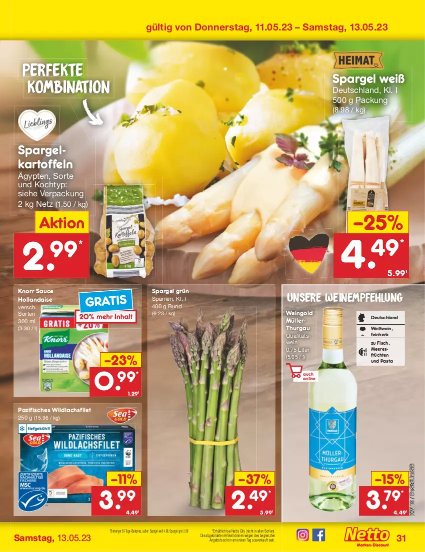 Aktueller Prospekt Netto Marken-Discount - Filial-Angebote - von 08.05 bis 13.05.2023 - strona 31 - produkty: angebot, bestpreis, eis, filet, fisch, fische, früchte, früchten, hollandaise, kartoffel, kartoffeln, knorr, lachs, lachsfilet, meeresfrüchte, Müller, pasta, qualitätswein, reis, sauce, sauce hollandaise, spargel, spargel grün, Ti, wein, weine, Weißwein, Wild, wildlachs, ZTE