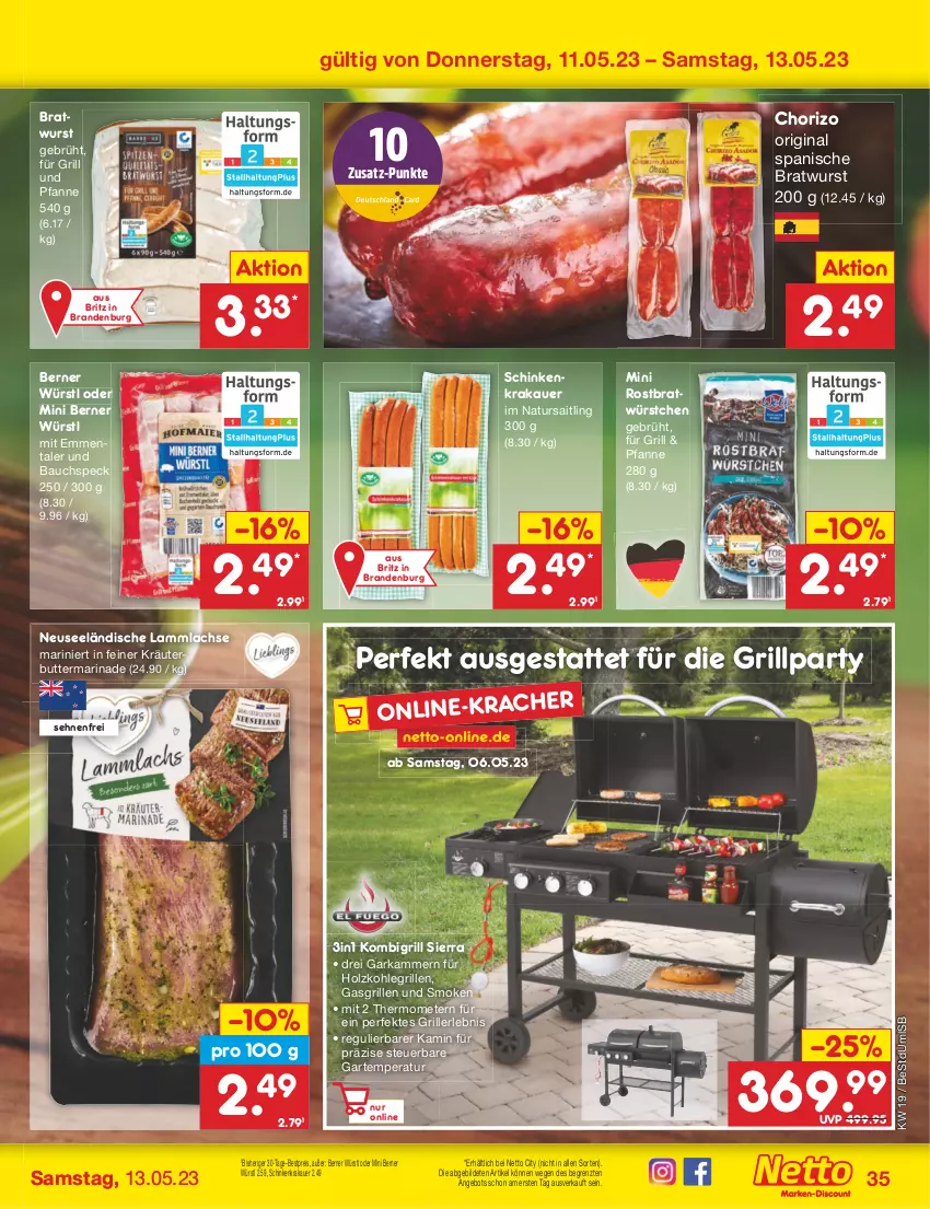 Aktueller Prospekt Netto Marken-Discount - Filial-Angebote - von 08.05 bis 13.05.2023 - strona 35 - produkty: angebot, auer, Bau, bestpreis, bratwurst, butter, chorizo, eis, emmentaler, für grill und pfanne, gasgrill, gin, grill, grill und pfanne, Holz, holzkohle, holzkohlegrill, Kamin, Kohlegrill, krakauer, kräuter, kräuterbutter, lachs, lamm, lammlachse, marinade, natur, pfanne, reis, schinken, schinkenkrakauer, Sierra, Speck, thermometer, Ti, und pfanne, wurst, würstchen, ZTE