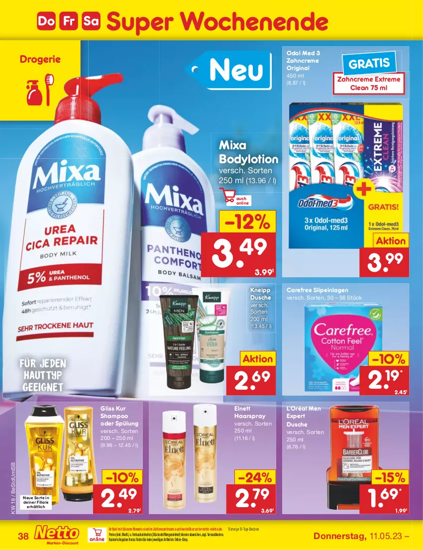 Aktueller Prospekt Netto Marken-Discount - Filial-Angebote - von 08.05 bis 13.05.2023 - strona 38 - produkty: bestpreis, body, bodylotion, carefree, creme, dusche, eis, elnett, gin, gliss, gliss kur, haarspray, kneipp, Lotion, Mixa, ndk, Odol, odol med, reis, shampoo, shampoo oder spülung, slip, slipeinlagen, spülung, Ti, zahncreme