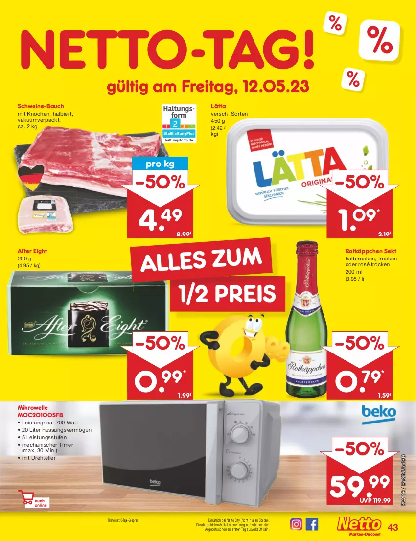 Aktueller Prospekt Netto Marken-Discount - Filial-Angebote - von 08.05 bis 13.05.2023 - strona 43 - produkty: after eight, angebot, Bau, bestpreis, bier, eis, elle, lätta, mikrowelle, reis, rotkäppchen, schwein, schweine, schweine-bauch, sekt, teller, Ti, timer, wein, weine, ZTE