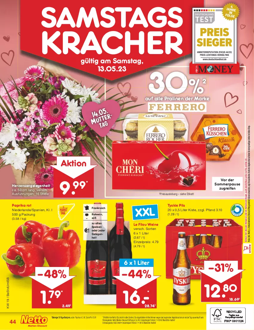 Aktueller Prospekt Netto Marken-Discount - Filial-Angebote - von 08.05 bis 13.05.2023 - strona 44 - produkty: angebot, angebote, bestpreis, discount, eis, Holz, kracher, marken-discount, ndk, paprika, paprika rot, pils, pralinen, reifen, reis, rotwein, Ti, tyskie, wein, weine, ZTE