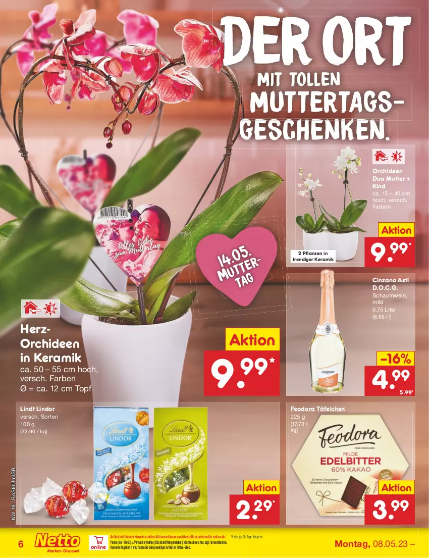 Aktueller Prospekt Netto Marken-Discount - Filial-Angebote - von 08.05 bis 13.05.2023 - strona 6 - produkty: asti, bestpreis, cin, cinzano, Cinzano Asti, eis, lindor, lindt, ndk, orchidee, orchideen, pflanze, pflanzen, reis, Ti, topf, wein