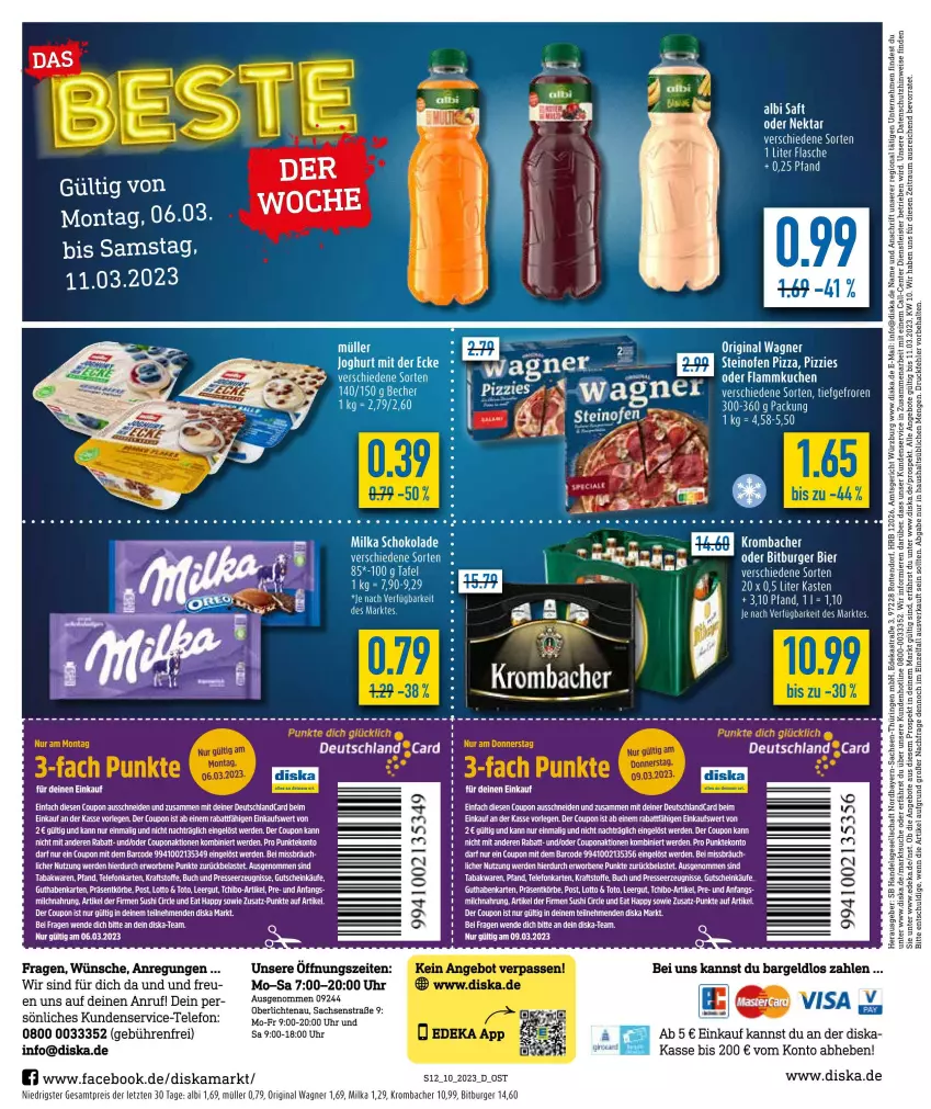 Aktueller Prospekt Diska - Prospekte - von 06.03 bis 11.03.2023 - strona 12 - produkty: angebot, angebote, bier, bitburger, buch, burger, coupon, deka, eis, ente, erde, gin, guthabenkarte, gutschein, kraft, krombache, krombacher, LG, mars, milka, milka schokolade, Müller, Nektar, Ofen, original wagner, pizza, reis, schoko, schokolade, steinofen, steinofen pizza, Stier, Tchibo, tee, telefon, Ti, uhr, wagner, ZTE