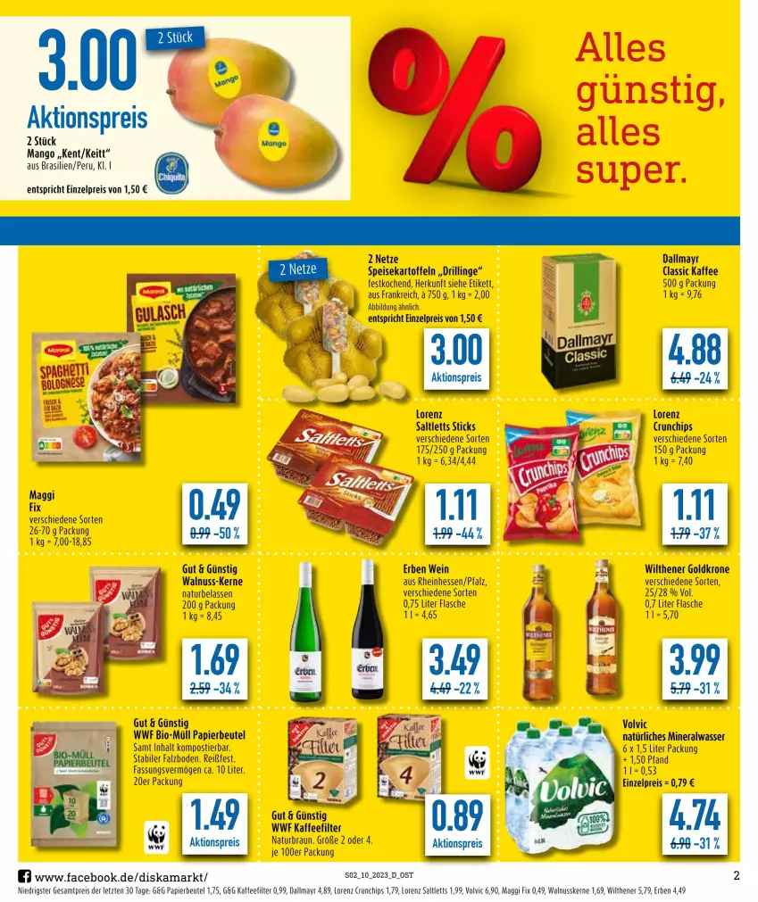 Aktueller Prospekt Diska - Prospekte - von 06.03 bis 11.03.2023 - strona 2 - produkty: aktionspreis, Alwa, beutel, bio, braun, chips, crunchips, dallmayr, eis, flasche, goldkrone, kaffee, kartoffel, kartoffeln, krone, lorenz, lorenz crunchips, maggi, mango, mineralwasser, natur, natürliches mineralwasser, nuss, papier, reis, saltletts, speisekartoffeln, Stier, Ti, volvic, volvic natürliches, walnuss, walnusskerne, wasser, wein, wilthener, Wilthener Goldkrone, ZTE