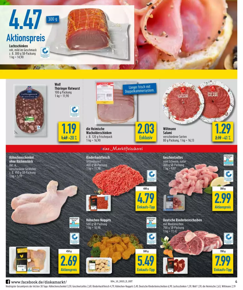 Aktueller Prospekt Diska - Prospekte - von 06.03 bis 11.03.2023 - strona 4 - produkty: aktionspreis, eis, fleisch, geschnetzeltes, hackfleisch, hähnchenschenkel, henkel, lachs, lachsschinken, mac, nuggets, reis, rind, rinder, rinderhackfleisch, ring, Rotwurst, salami, schenkel, schinken, Ti, wiltmann, wurst, Zelt, ZTE