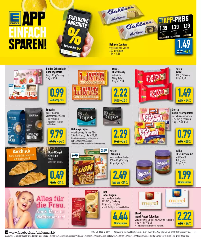 Aktueller Prospekt Diska - Prospekte - von 06.03 bis 11.03.2023 - strona 6 - produkty: aktionspreis, bahlsen, bohne, bohnen, Cap, cerealien, comtess, creme, Croissant, dallmayr, dallmayr capsa, deka, eduscho, eis, espresso, haselnuss, Haselnusscreme, kaffee, kaffeemaschine, Kinder, kinder schokolade, kitkat, Kugel, lachgummi, lindor, lindt, merci, milch, milka, nespresso, nimm2, nuss, oder yogurette, rapsöl, reis, rwe, schoko, schokolade, storck, tee, Ti, vollmilch, Yo, yogurette, ZTE