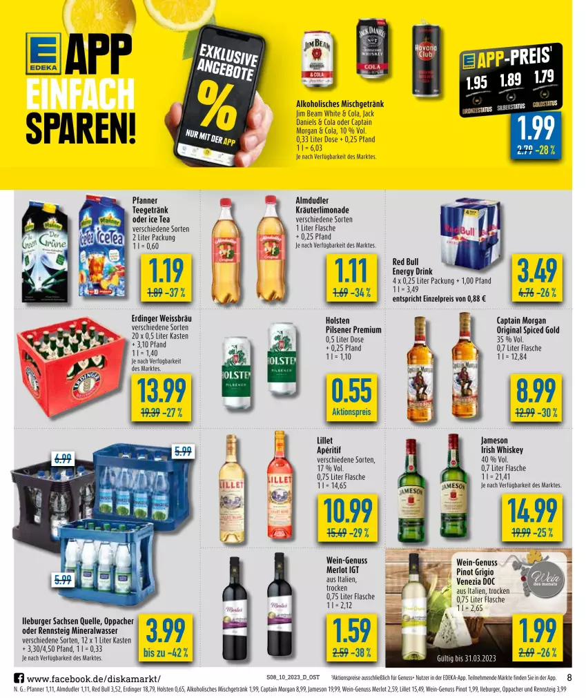 Aktueller Prospekt Diska - Prospekte - von 06.03 bis 11.03.2023 - strona 8 - produkty: aktionspreis, alkohol, almdudler, Alwa, aperitif, burger, Cap, captain morgan, cola, deka, drink, eis, elle, energy drink, erdinger, fisch, fische, flasche, getränk, gin, holsten, irish whiskey, jack daniel, jack daniels, jameson, jim beam, kräuter, lillet, limo, limonade, merl, merlot, mineralwasser, nuss, original spiced gold, pfanne, Pfanner, pils, pilsener, Pinot, pinot grigio, red bull, reis, sac, tee, Ti, wasser, wein, whiskey