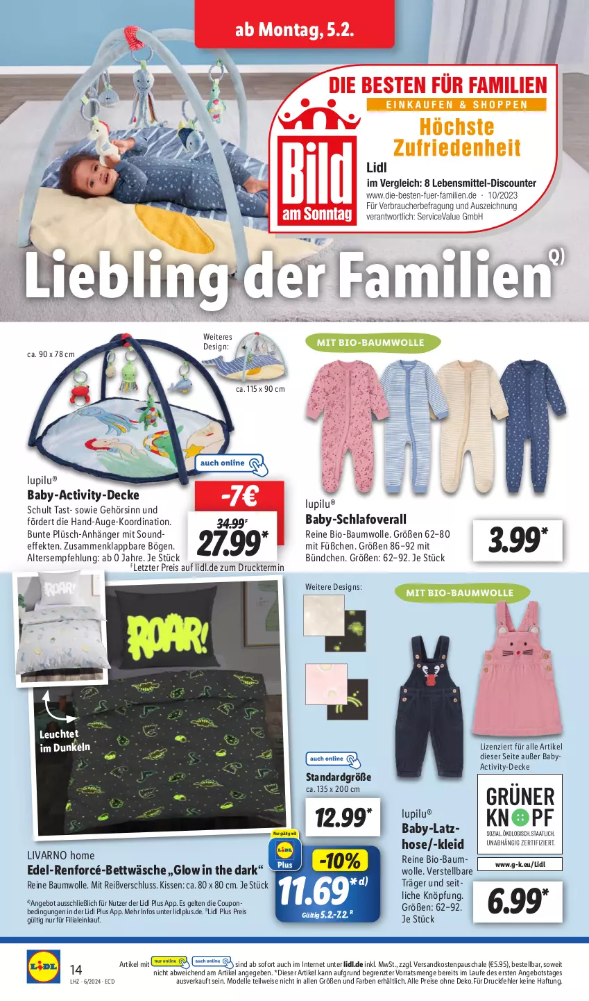 Aktueller Prospekt Lidl - Aktionsprospekt - von 05.02 bis 10.02.2024 - strona 18 - produkty: angebot, Anhänger, Bau, baumwolle, bett, bettwäsche, bio, bio-baumwolle, coupon, decke, dell, eis, elle, hose, kissen, kleid, Latzhose, Leuchte, lupilu, mit bio-baumwolle, Mode, ndk, Overall, reine baumwolle, reis, renforcé-bettwäsche, Schal, Schale, Ti, wolle, ZTE