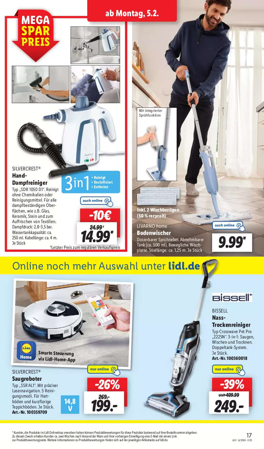 Aktueller Prospekt Lidl - Aktionsprospekt - von 05.02 bis 10.02.2024 - strona 21 - produkty: bodenwischer, dampfreiniger, eis, latte, reiniger, Reinigung, Reinigungsmittel, reis, Saugroboter, silvercrest, teppich, Ti, wasser, wassertank, weck, ZTE