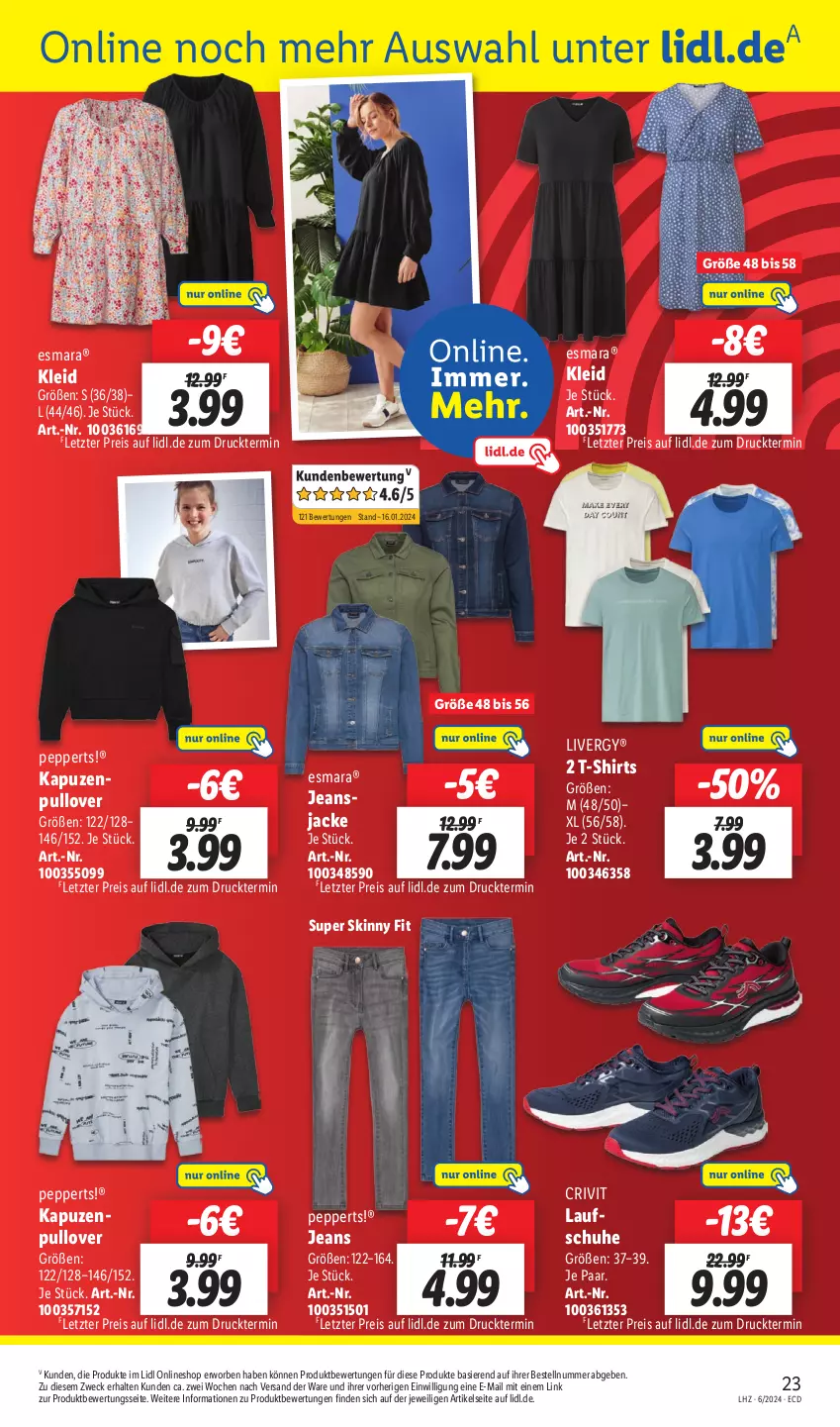 Aktueller Prospekt Lidl - Aktionsprospekt - von 05.02 bis 10.02.2024 - strona 29 - produkty: crivit, eis, esmara, Jacke, jeans, Jeansjacke, kleid, Laufschuhe, livergy, Pullover, reis, schuhe, shirt, shirts, T-Shirt, Ti, weck, ZTE