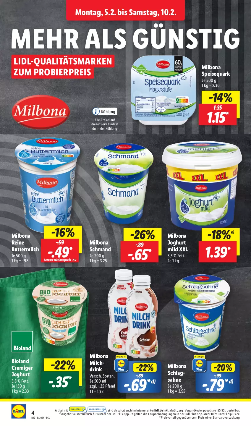 Aktueller Prospekt Lidl - Aktionsprospekt - von 05.02 bis 10.02.2024 - strona 4 - produkty: aktionspreis, angebot, bier, bio, bioland, Bona, butter, buttermilch, coupon, drink, eis, joghur, joghurt, joghurt mild, Milbona, milch, ndk, preisvorteil, quark, reine buttermilch, reis, sahne, Schal, Schale, schlagsahne, schmand, speisequark, Ti, ZTE