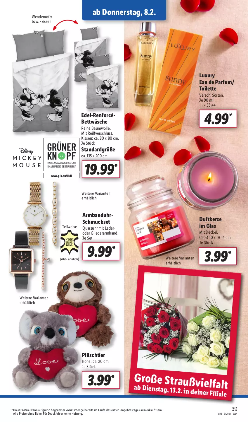 Aktueller Prospekt Lidl - Aktionsprospekt - von 05.02 bis 10.02.2024 - strona 51 - produkty: angebot, Armband, Armbanduhr, Bau, baumwolle, bett, bettwäsche, decke, Deckel, Duftkerze, Eau de parfum, eis, kerze, kissen, parfum, Plüsch, reine baumwolle, reis, Ria, Schmuck, Schmuckset, Ti, uhr, wolle, ZTE