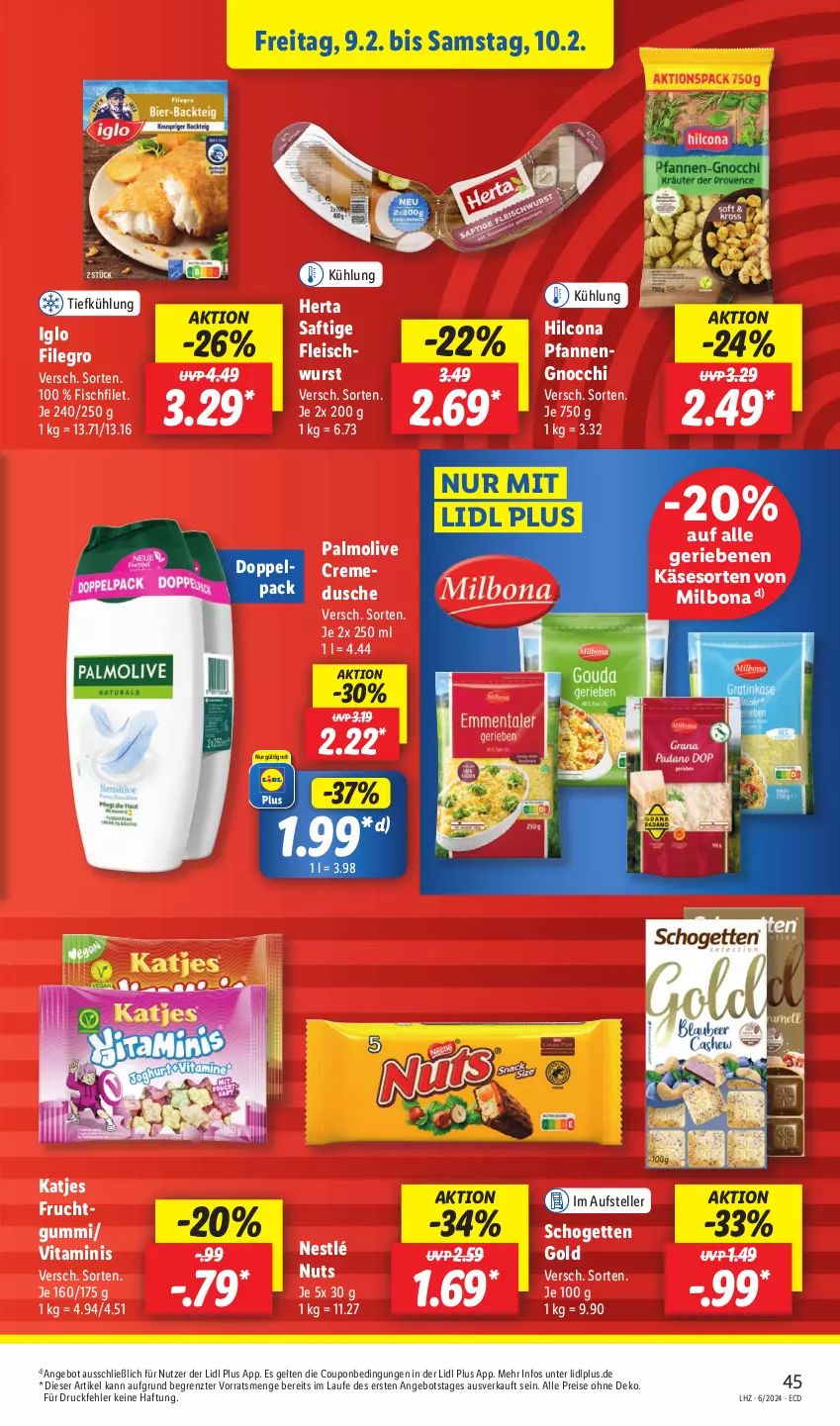 Aktueller Prospekt Lidl - Aktionsprospekt - von 05.02 bis 10.02.2024 - strona 57 - produkty: angebot, Bona, coupon, creme, dusche, eis, elle, filegro, filet, fisch, fleisch, fleischwurst, frucht, fruchtgummi, gnocchi, herta, hilcona, iglo, Käse, katjes, Milbona, nestlé, olive, palmolive, pfanne, pfannen, reis, saft, schogetten, teller, Ti, vita, wurst, ZTE