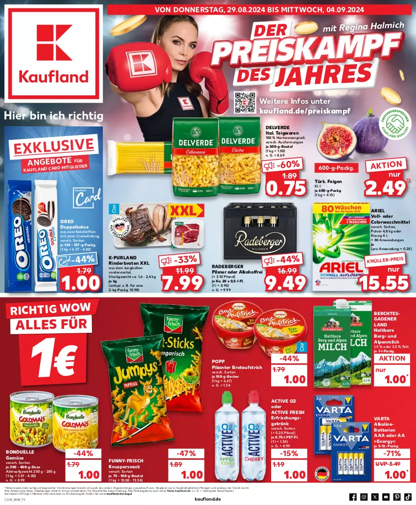 Aktueller Prospekt Kaufland - Prospekt - von 29.08 bis 04.09.2024 - strona 1 - produkty: alkohol, alpenmilch, angebot, angebote, ariel, aufstrich, batterie, batterien, Becher, Berger, beutel, bonduelle, braten, brot, brotaufstrich, colorwaschmittel, creme, Doppelkekse, eis, elle, erde, erfrischungsgetränk, Feigen, funny-frisch, getränk, gin, hartweizen, jungbullen, keks, kekse, milch, oreo, pils, pilsner, Popp, purland, radeberger, radeberger pilsner, reis, rind, rinder, rinderbraten, snack, teigwaren, Ti, varta, waschmittel, ZTE