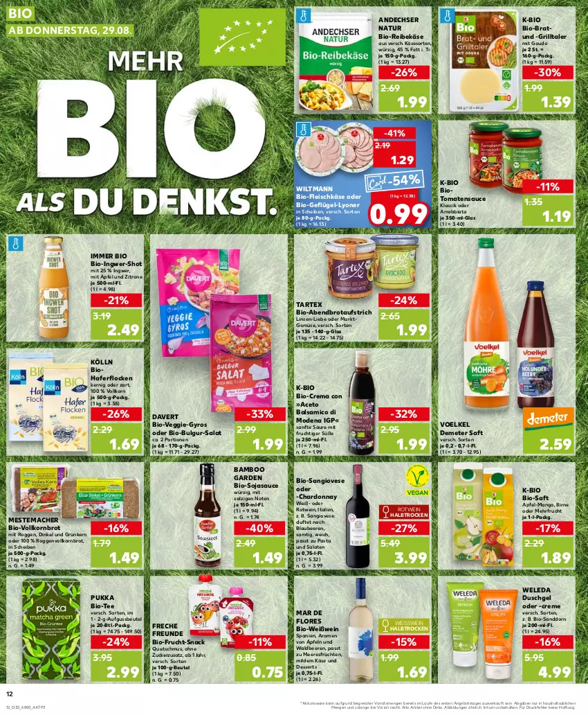 Aktueller Prospekt Kaufland - Prospekt - von 29.08 bis 04.09.2024 - strona 12 - produkty: aceto, aceto balsamico, andechser natur, angebot, apfel, arrabbiata, aufstrich, balsam, balsamico, bamboo, beere, beeren, beutel, bio, Blaubeer, blaubeere, brot, brotaufstrich, bulgur, chardonnay, creme, dessert, desserts, duschgel, eis, fleisch, fleischkäse, freche freunde, frucht, früchte, früchten, Geflügel, gouda, grill, gyros, hafer, haferflocken, ingwer, Käse, kölln, korn, Kornbrot, LG, linsen, lyoner, mac, mango, meeresfrüchte, mestemacher, mit frucht, mit gouda, Mode, natur, pasta, Reibekäse, rotwein, saft, salat, salate, salz, sanddorn, sauce, snack, soja, sojasauce, tee, Ti, tomate, tomaten, tomatensauce, veggie, vollkornbrot, wein, Weißwein, weleda, wiltmann, Yo, zitrone, ZTE, zucker