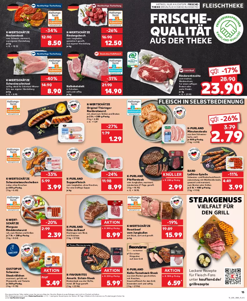 Aktueller Prospekt Kaufland - Prospekt - von 29.08 bis 04.09.2024 - strona 15 - produkty: angebot, angebote, Bau, bauchscheiben, beef, besteck, braten, bratwurst, brot, deo, eis, elle, entrecôte, fleisch, fleisch in selbstbedienung, geschirr, gewürz, gin, grill, gulasch, hackfleisch, ideal zum grillen, ilag, jungbullen, Kalbfleisch, kalbskotelett, kotelett, lachs, minutensteaks, mozzarella, Nackensteak, natur, Nestea, nuss, original thüringer, pfeffer, purland, reis, rel, rezept, rezepte, rind, rinder, rindergulasch, rinderhackfleisch, Rindersteak, ring, roastbeef, rostbratwurst, saft, schnitten, schnitzel, schwein, schweine, Schweinebauch, schweinebauchscheiben, Schweinelachs, schweineschnitzel, steak, steaks, suppe, suppen, suppenfleisch, teller, thüringer rostbratwurst, Ti, tomate, wein, weine, wiener, wurst, ZTE