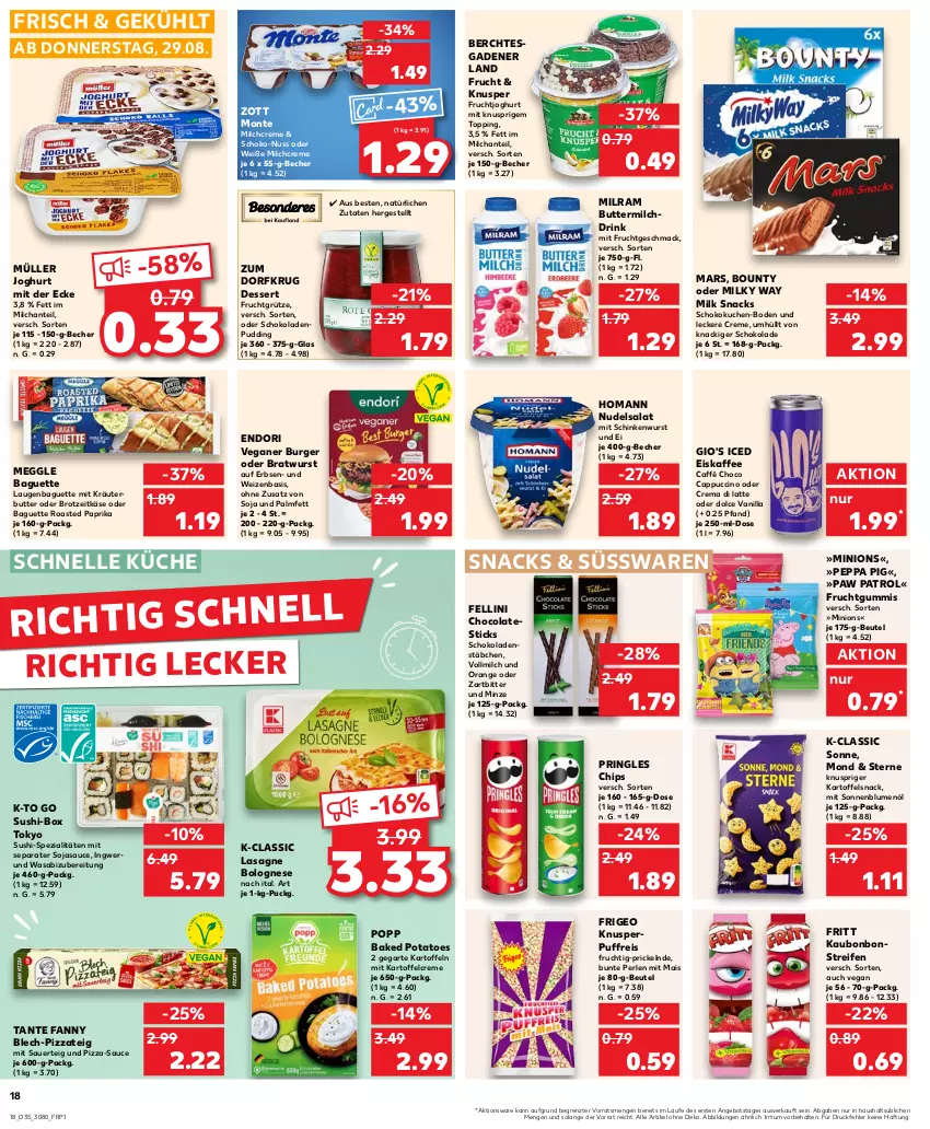 Aktueller Prospekt Kaufland - Prospekt - von 29.08 bis 04.09.2024 - strona 18 - produkty: angebot, auer, baguette, baked potatoes, Becher, beutel, blume, blumen, blumenöl, bolognese, bonbons, bounty, bratwurst, brot, burger, butter, buttermilch, Cap, cappuccino, chips, cin, cola, creme, dessert, drink, eis, eiskaffee, elle, erbsen, frucht, fruchtgrütze, fruchtgummi, fruchtgummis, fruchtjoghurt, grütze, homann, ingwer, joghur, joghurt, joghurt mit der ecke, kaffee, kartoffel, kartoffeln, Käse, kräuter, kräuterbutter, küche, kuchen, lasagne, latte, mac, mais, mars, meggle, milch, milky way, milram, minze, mit frucht, monte, Müller, nudel, nudelsalat, nuss, orange, paprika, Paw Patrol, Peppa Pig, perlen, pizza, Pizzateig, Popp, potatoes, pringles, pudding, reifen, reis, ring, salat, sauce, schinken, schinkenwurst, schoko, schokolade, schokoladen, snack, snacks, soja, sojasauce, sonnenblume, sonnenblumen, sonnenblumenöl, Spezi, Sushi, süsswaren, tante fanny, Ti, vollmilch, wasa, wurst, Yo, zott, Zott Monte, ZTE, Zum Dorfkrug